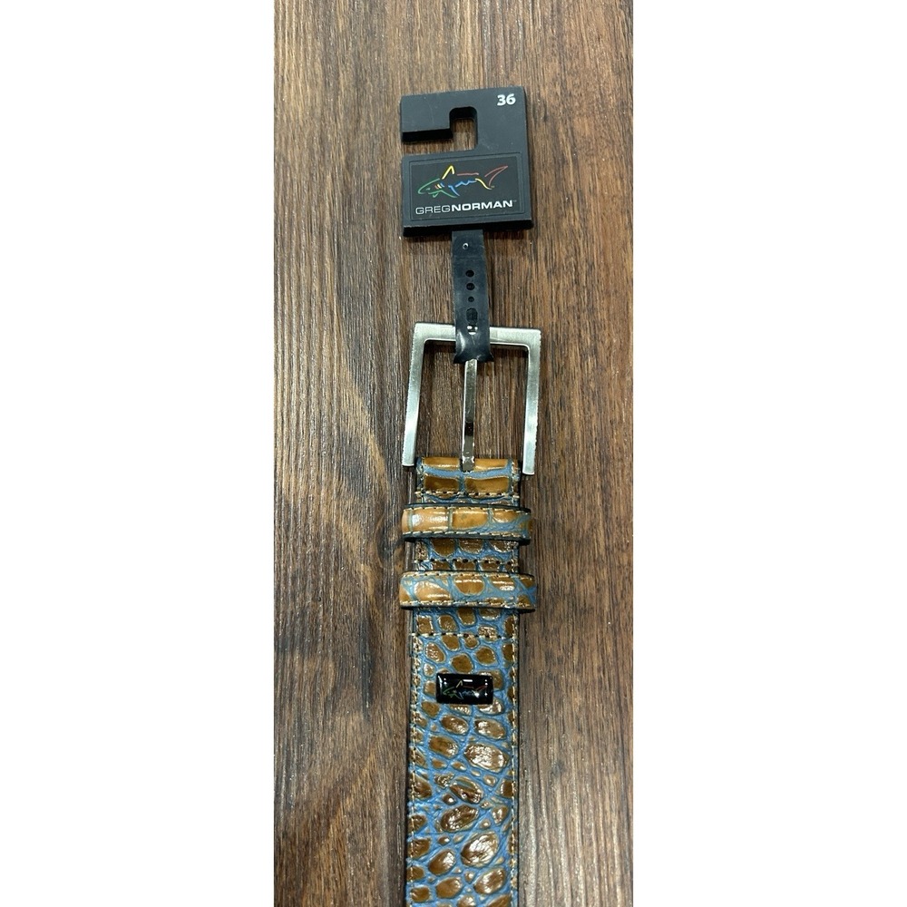 Greg Norman Mens 36 Dual Croco Print Leather Golf Belt, Tan/Blue New With Tags